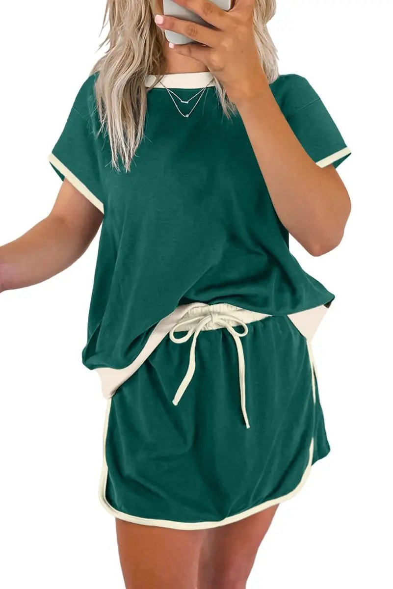 Evergreen Colorblock Edge Drop Shoulder T Shirt and Skort Set - Love Salve